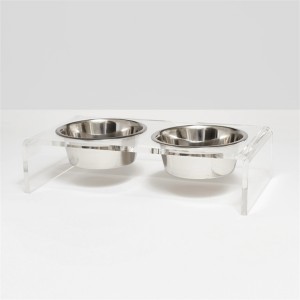 Matangtang nga Plexiglass Pet Food Storage Tray Tin-aw nga Acrylic Feeder Stand nga adunay Glass Bowl