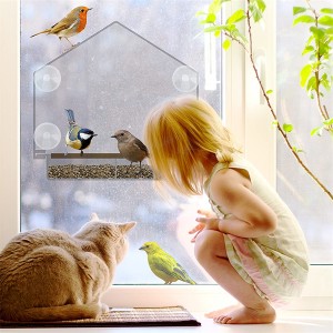 Window Bird Feeder Gedhe Bird House kanggo Njaba dicopot Sliding Tray karo bolongan got.Paling apik kanggo Wild Birds Clear Acrylic
