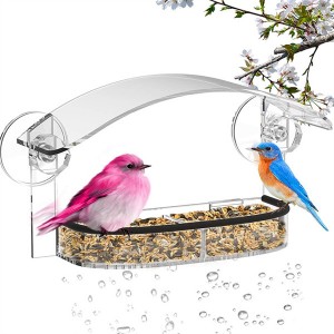 מזין ציפורים עם כוסות ומגש זרעים נשלף בעל שני חלקים עם חורי ניקוז חיצוני אקריליק מזין ציפורים עם עמיד בפני מזג אוויר