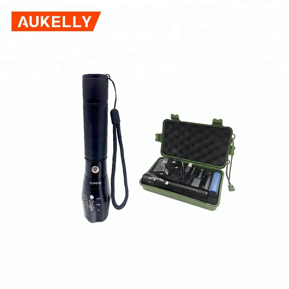 XML T6 Outdoors LED Flashlight Aluminum Alloy zoomable rechargeable Flashlight with DC charger set