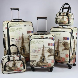ໂຮງງານຜະລິດຂາຍສົ່ງ PU ການພິມ customized ຖົງເດີນທາງ luggage trolley