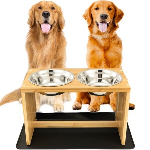 ამაღლებული კვების სადგური ძაღლების თასების სადგამი 2 თასით და მოსაცმელი საფენით