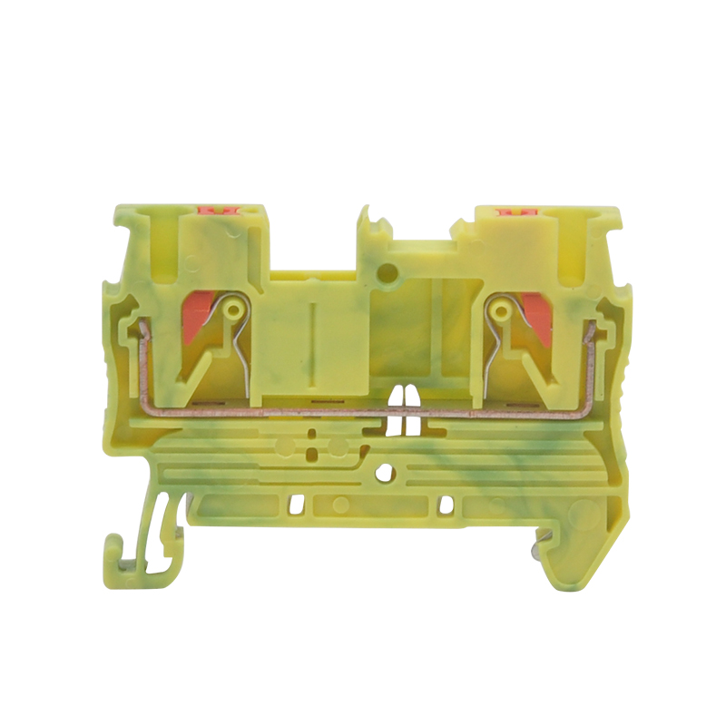 UPT-2.5PE Hoogwaardige Chinese fabrikant Groene en gele kleur Schroefloze draad naar draad Kleine stroom Push-in aardingsklemmenblok Aarding Din-rail insteekbare klemmenblokken
