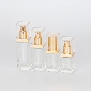 Clear square glass bottles with golden lotion pump and cover