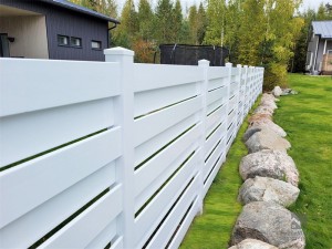 Valla de estacas horizontal de PVC FM-501 con estacas de 7/8 ″ x6 ″ para jardín