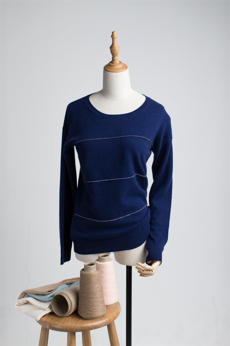 100% China Cashmere Crew Neck Pullover w/ 3 Lurex Lines sweater for women CH20119