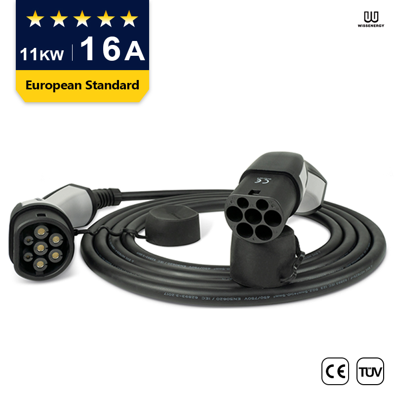Câble EV (16A triphasé 11KW) Câble d'extension femelle de type 2 à mâle de type 2 (16 pieds / 5 m)