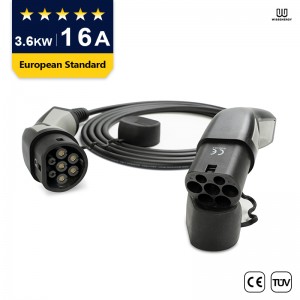 EV Cable (16A 1 Phase 3.6KW) Type 2 Mukadzi kune Type 2 Male Extension Cable (16ft/5m)