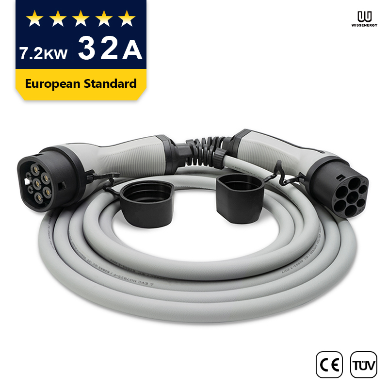Câble EV (32A monophasé 7.2KW) Câble d'extension Type 2 Femelle vers Type 2 Mâle (16ft/5m)