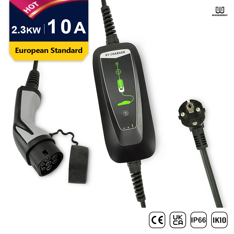 Mode 2 EV Portable Charger (2.3KW, 10A Single-Phase) Schuko Plug& Type 1/2 Connector (16ft/5m Cable)