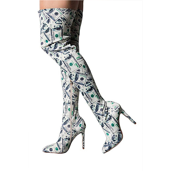 Wholesale and custom US dollar money print high heel thigh high boots
