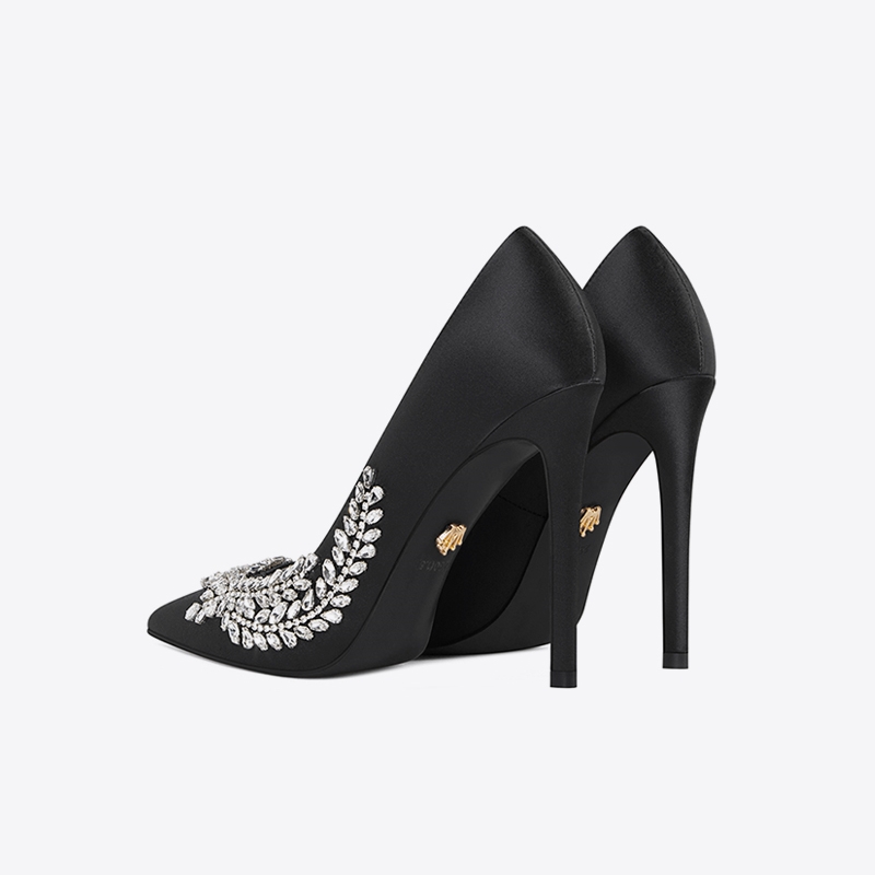 Custom logo satin high quality material fashion lady glittering rhinestone custom women high heel shoes