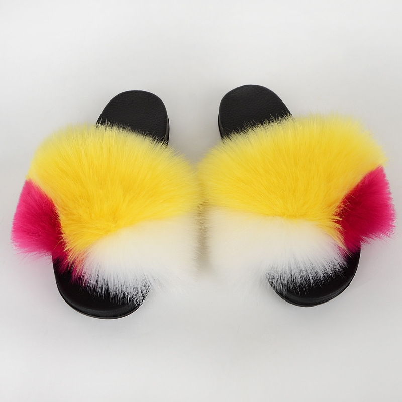 Color block faux fox fur slippers