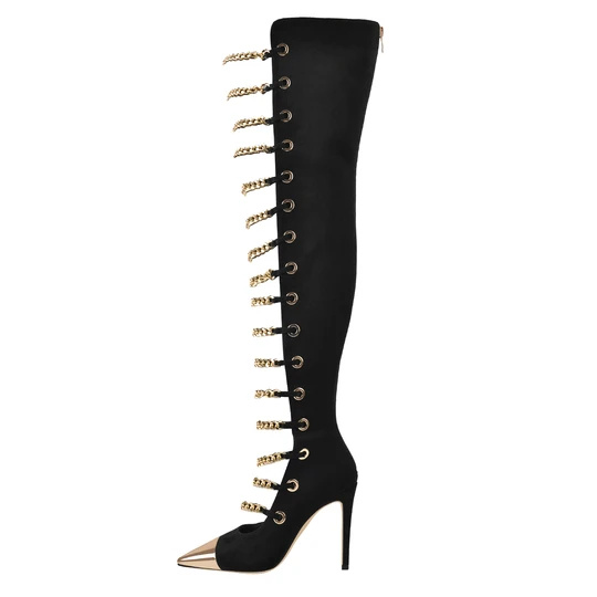 Metal Chain Pointed Toe Over The Knee High Boots