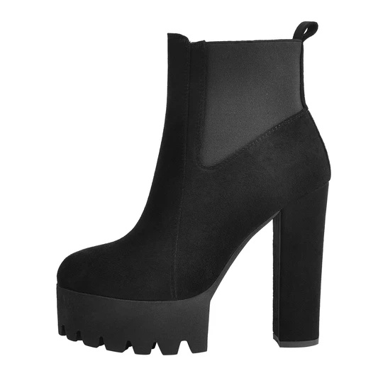 Black Suede Chunky High Heel strech Ankle Boots