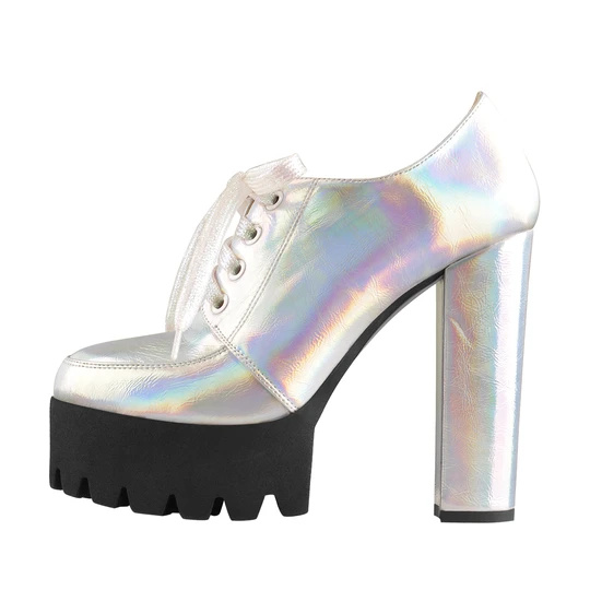 Lace-up Block Heel Metallic Iridescent Round Toe Holographic Ankle Booties