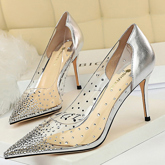 Custom logo women pvc wedding shoes and wholesale silver crystal wedding shoes