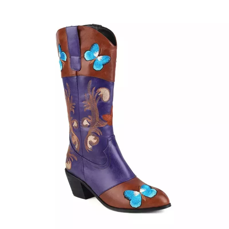 XINZIRAIN Custom Purple Embroidery Block Heel Western Boots
