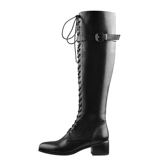 Round Toe Lace Up Sturdy Heel Side Zipper black Knee High Boots