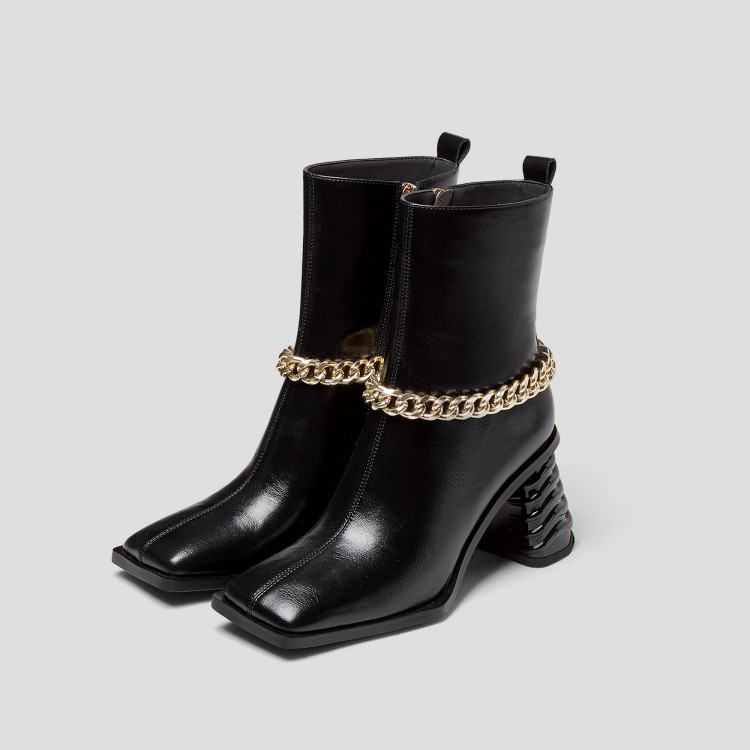 2022 winter autumn Thick heel leather black women metal chain boots