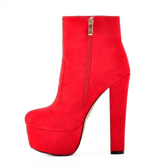 Black and Red Suede Platform Round Toe Chunky Heel Elastic Ankle Boots