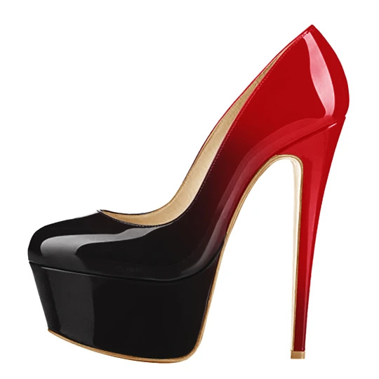 Crno-crvene lakirane cipele s visokim petama s platformom i okruglim prstima u crnoj i crvenoj boji