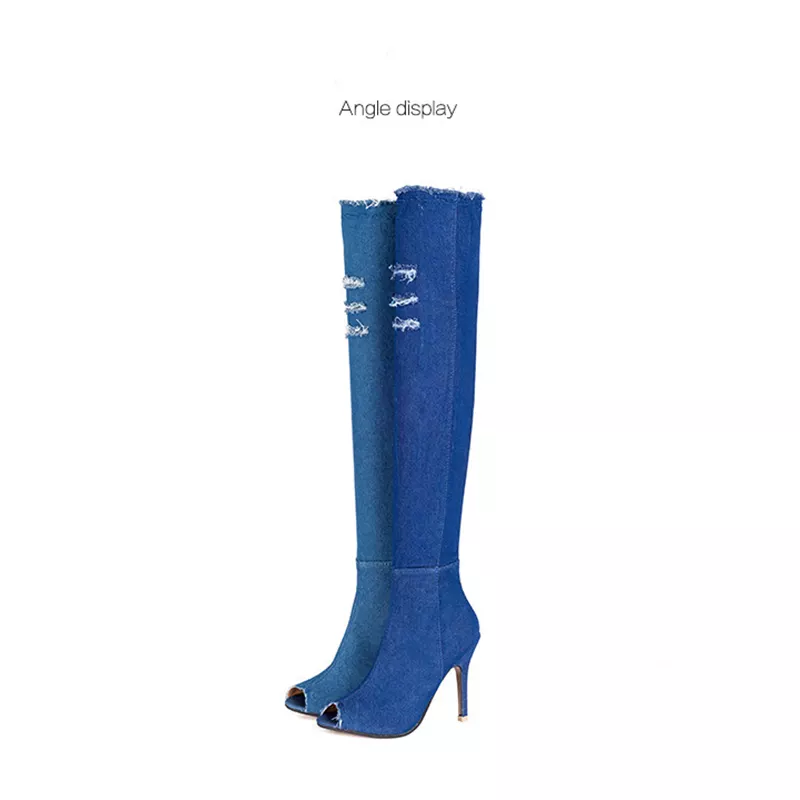 XINZIRAIN özel mavi denim sivri burun stiletto diz üstü topuklu çizmeler
