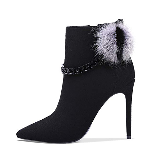 Customized ankle boots for wholesale Frosted leather high heel pointed toe ankle boots with fur flurry ball