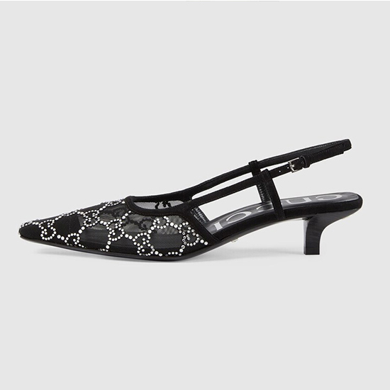 Gucci topuklu sandalet GG kristalli siyah örgü