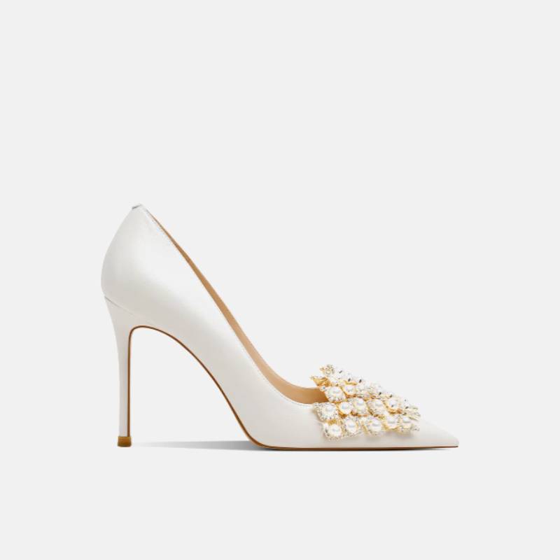 Customizable Leather Wedding Shoes with Pearl and Rhinestone Embellishments Supplier