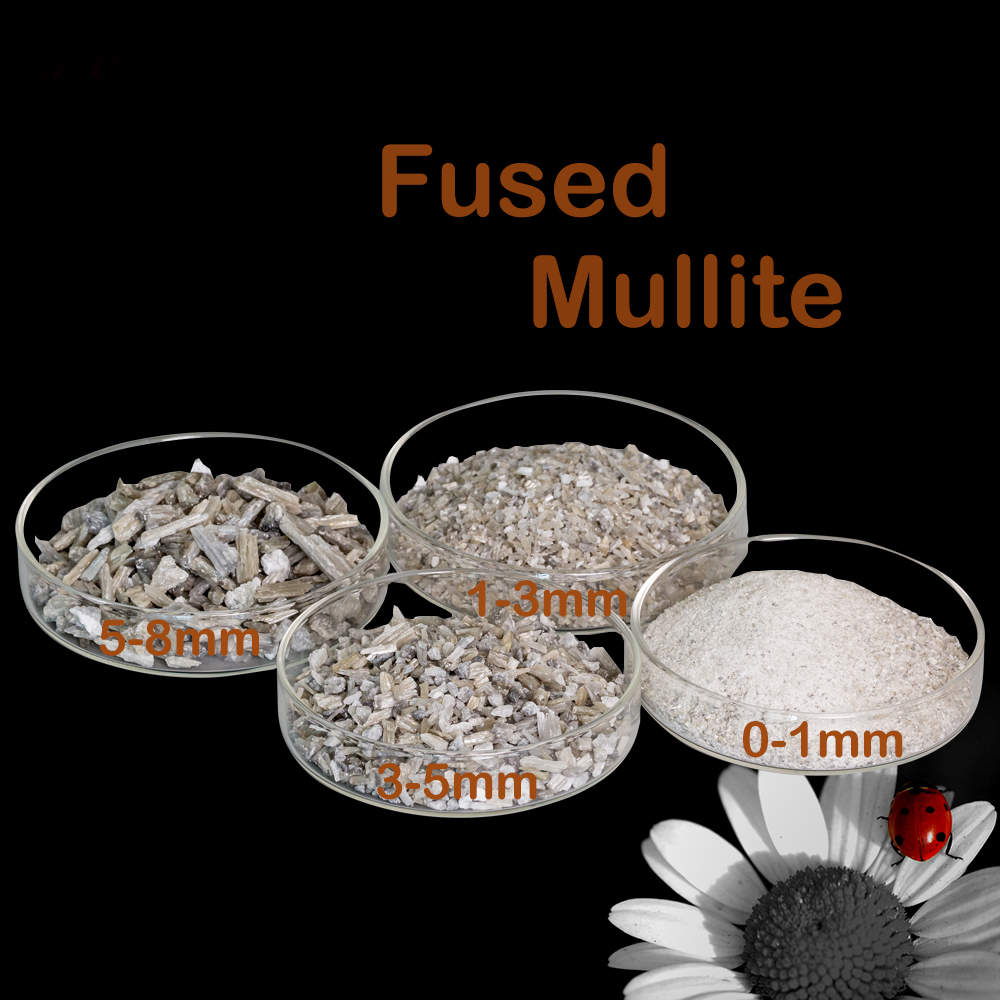 Pielāgota specifikācija 1-0mm 3-1mm 5-3mm 8-5mm strūklas materiāls, kausēti mullīta graudi 79% kausēti mullīta graudi