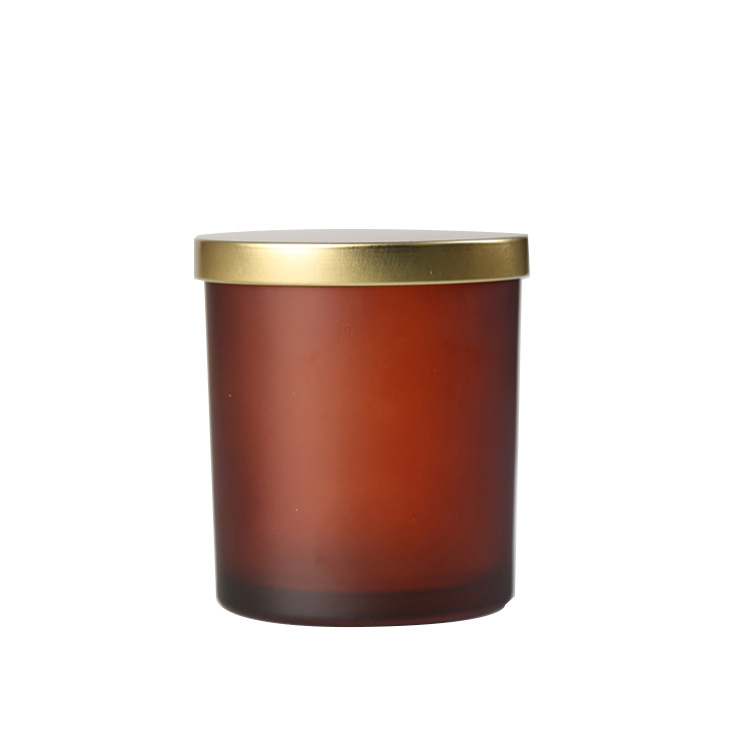 Empty 10oz 300ml frosted Amber Glass Candle Jar Vessel with Metal Lid  factory and manufacturers