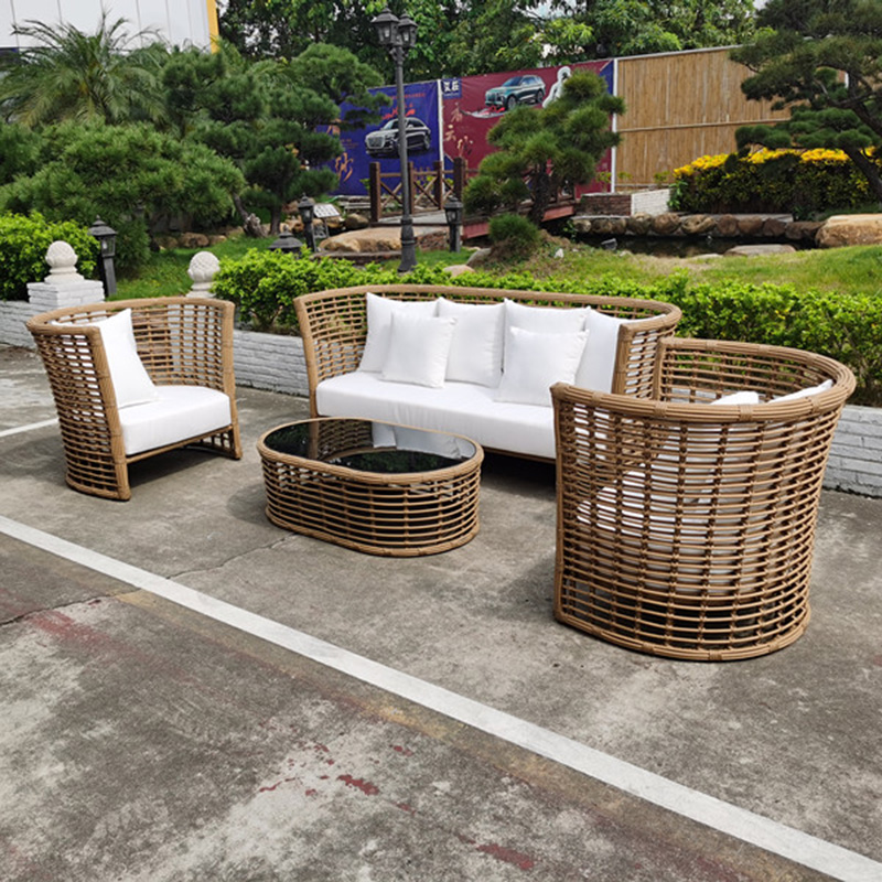 Set da pranzo per esterni componibile per mobili da giardino Divano in vimini in rattan PE con sedia, sgabelli e tavolo