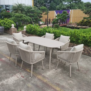 Juego de comedor para patio al aire libre de cuerda tejida (incluye 6 sillas de comedor y 1 mesa de comedor)