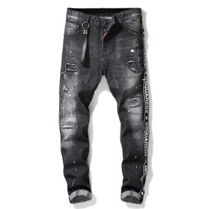 Jeans oscuros de personalidad para hombres, tipo de pierna recta rasgada, precio de fábrica