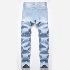Fashion men's jeans blue polka dot ripped trousers loose straight jeans men