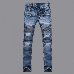 Jeans modis warna terang lipit ramping lurus ritsleting trim jeans sepeda motor untuk pria
