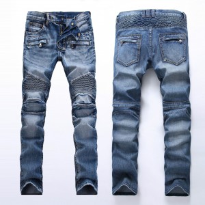 Modieuze jeans ljochte kleur geplooide slim rjochte rits trim motorfyts jeans foar manlju