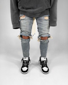 Calças jeans masculinas slim fit com pés rasgados calças jeans masculinas com estampa de pontos e laca