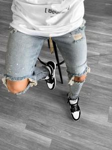 Calças jeans masculinas slim fit com pés rasgados calças jeans masculinas com estampa de pontos e laca