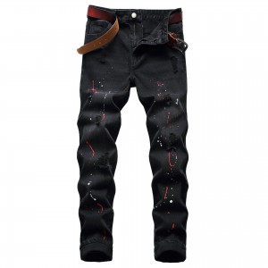 Pantalóns vaqueiros negros rasgados para hombre con pintura personalizada en aerosol