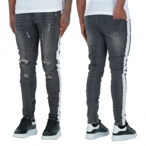 Høy kvalitet mote jeans menn mørk side hvit stripe slim denim bukser ripped jeans menn