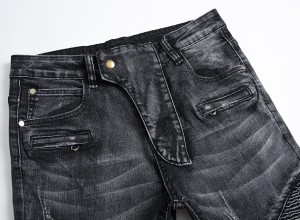 Calças jeans pretas e cinzas high street rasgadas com zíper, slim fit, calças masculinas elásticas