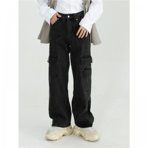 Ерлерге арналған жүк джинсы тік бүйір қалталы кең аяқты қара джинсы