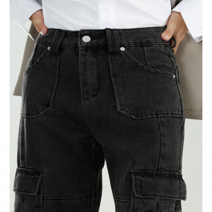 အမျိုးသားများအတွက် Cargo Jeans Straight Side Pocket Wide Leg Black Jeans