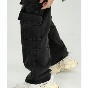Jeans cargo per uomo Jeans neri a gamba larga con tasca laterale dritta