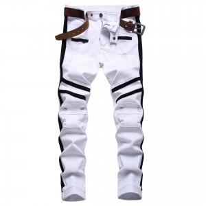 Бели фармерки со патент Црни панталони со истегнување искинати машки секојдневни фармерки