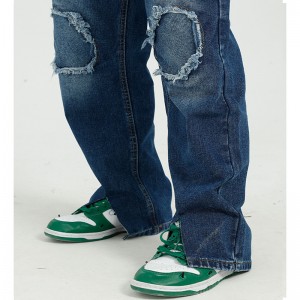 Høj kvalitet løs ødelagt patch denim jeans Rippede mænds jeans