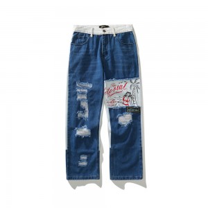 Hochwertige, zerrissene Jeans mit Graffiti-Print für Herren, Kontrastnähte, lockere, gerade High-Street-Denim-Hose