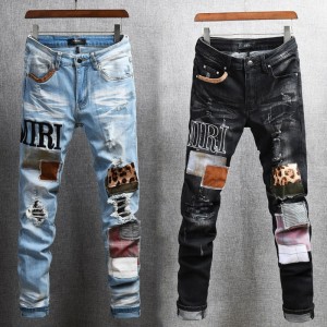 jeans ebipụta nke nwoke na-acha anụnụ anụnụ dị elu dị elu gbatịa patch stitching high street skinny jeans